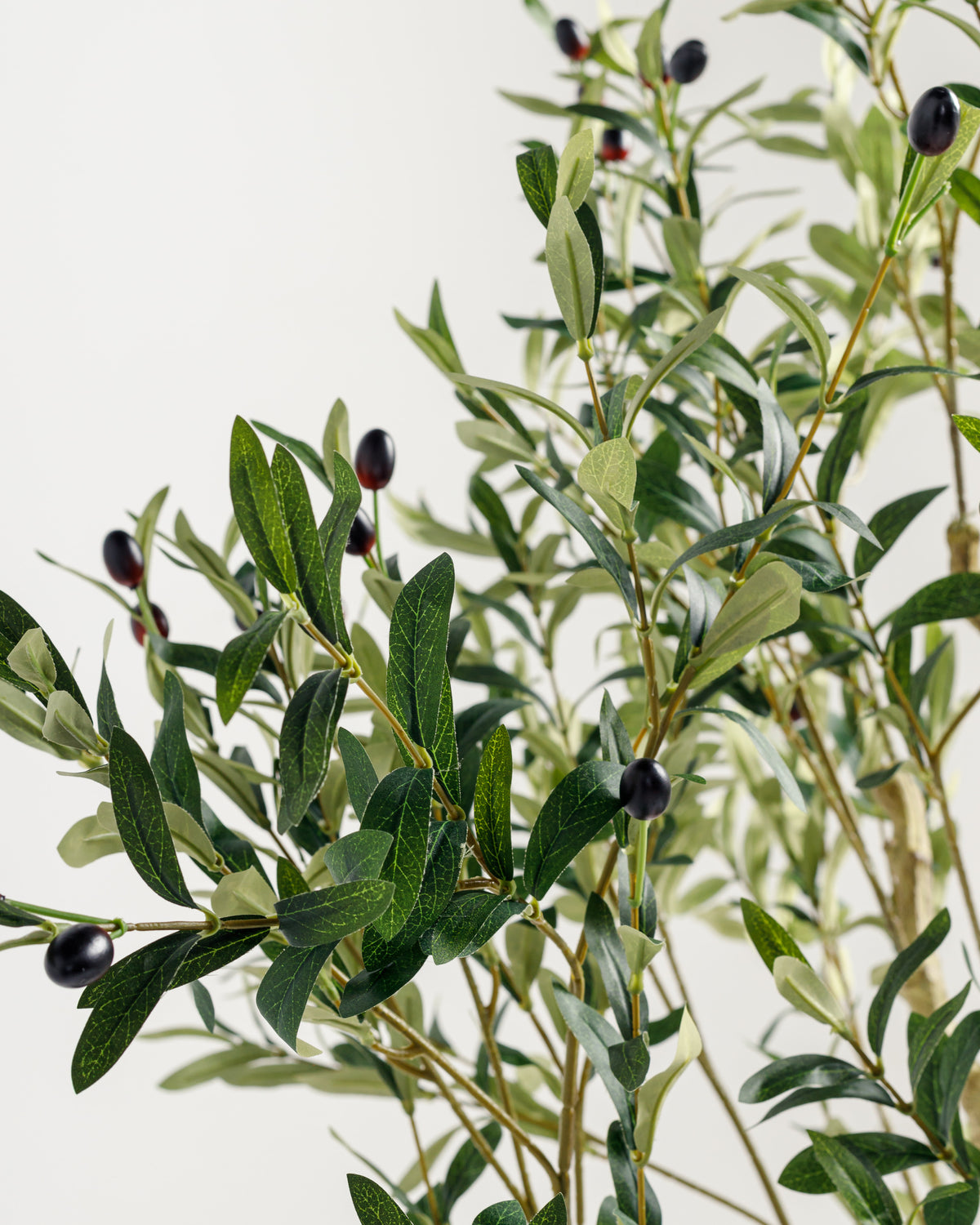A close-up view of a lifelike artificial olive tree featuring vibrant green leaves and small dark olives. The branches are arranged naturally against a neutral background, showcasing the trees realistic details and texture.