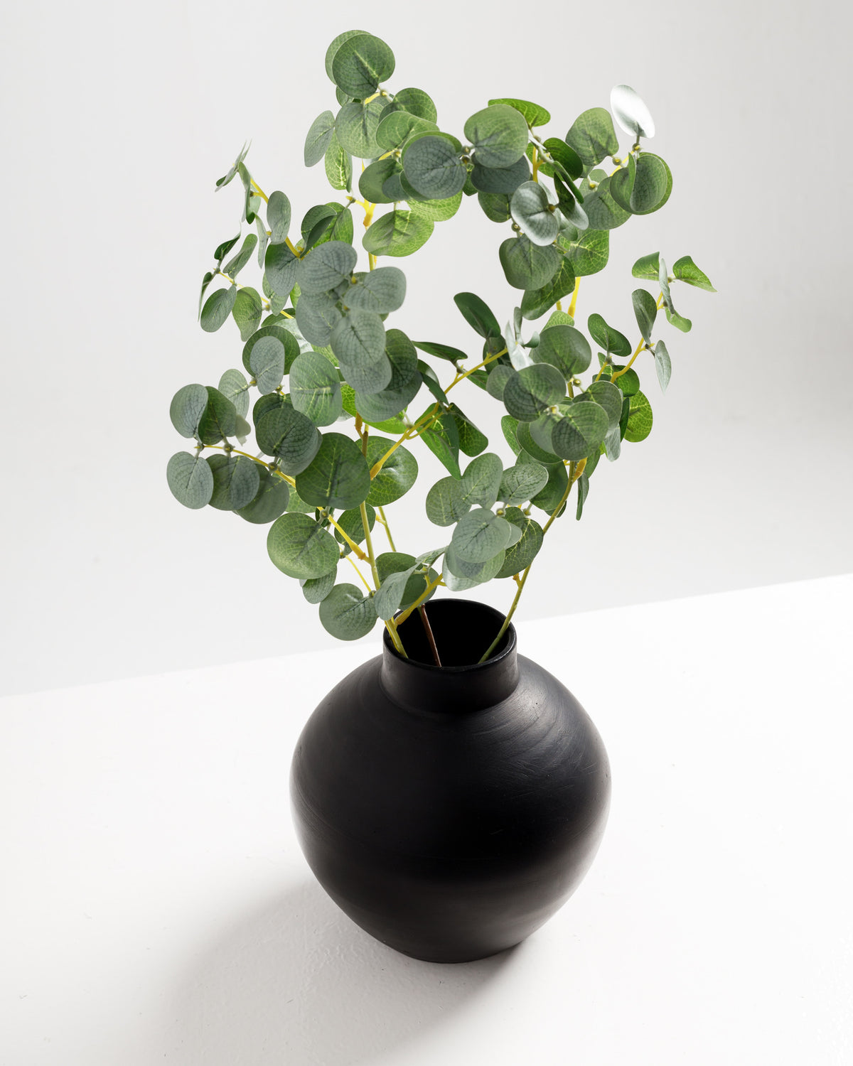 A round black vase sits on a white surface, featuring a smooth, matte finish. Inside, it holds a vibrant arrangement of eucalyptus leaves, adding a touch of greenery to the minimalist display.