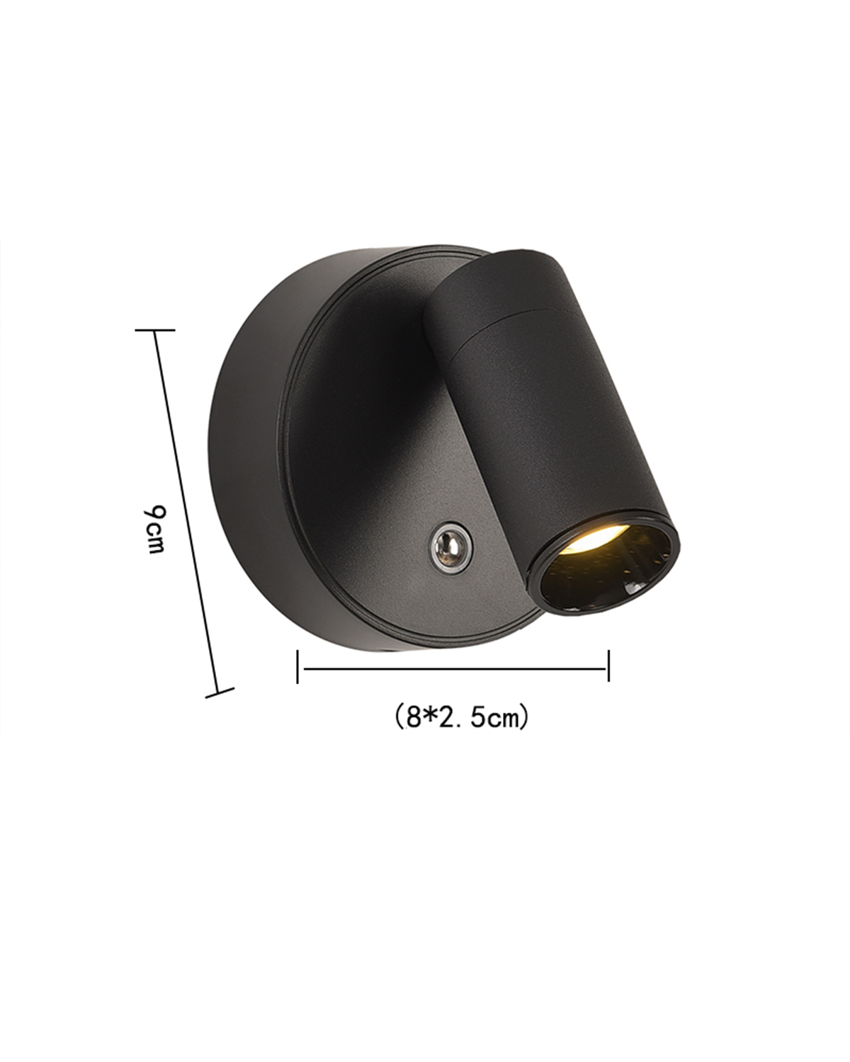 A sleek black wall-mounted spotlight with a cylindrical light head is shown, featuring a modern design. The dimensions of the fixture are indicated as 9 cm in height and 8 cm in diameter, emphasizing its compact size and stylish appearance.