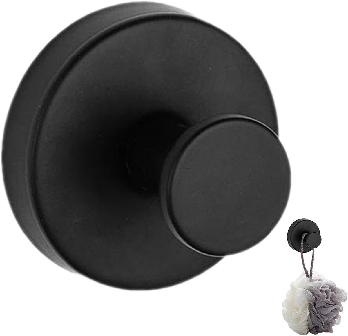 A sleek, black modern wall hook is displayed against a white background, featuring a circular base with a rounded knob. The hook is designed for hanging items like towels or accessories, showcasing a minimalist style.