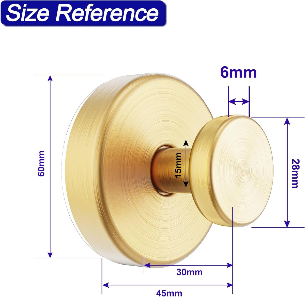 A round, gold-colored wall-mounted hook is displayed, featuring a smooth, circular design. Size reference dimensions indicate the hooks measurements: 60mm in height, 45mm in diameter, and a projection of 15mm from the wall.