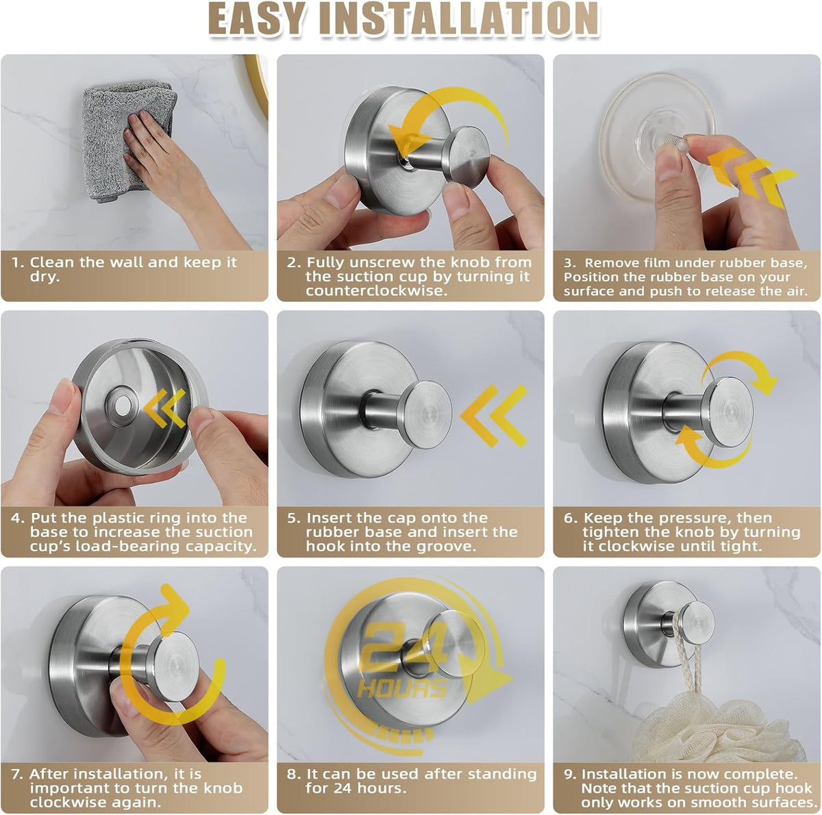 Step-by-step guide for easy installation of a suction cup towel hanger. Each image illustrates a different stage, including cleaning the wall, attaching the cup, and securing the knob for optimal functionality.