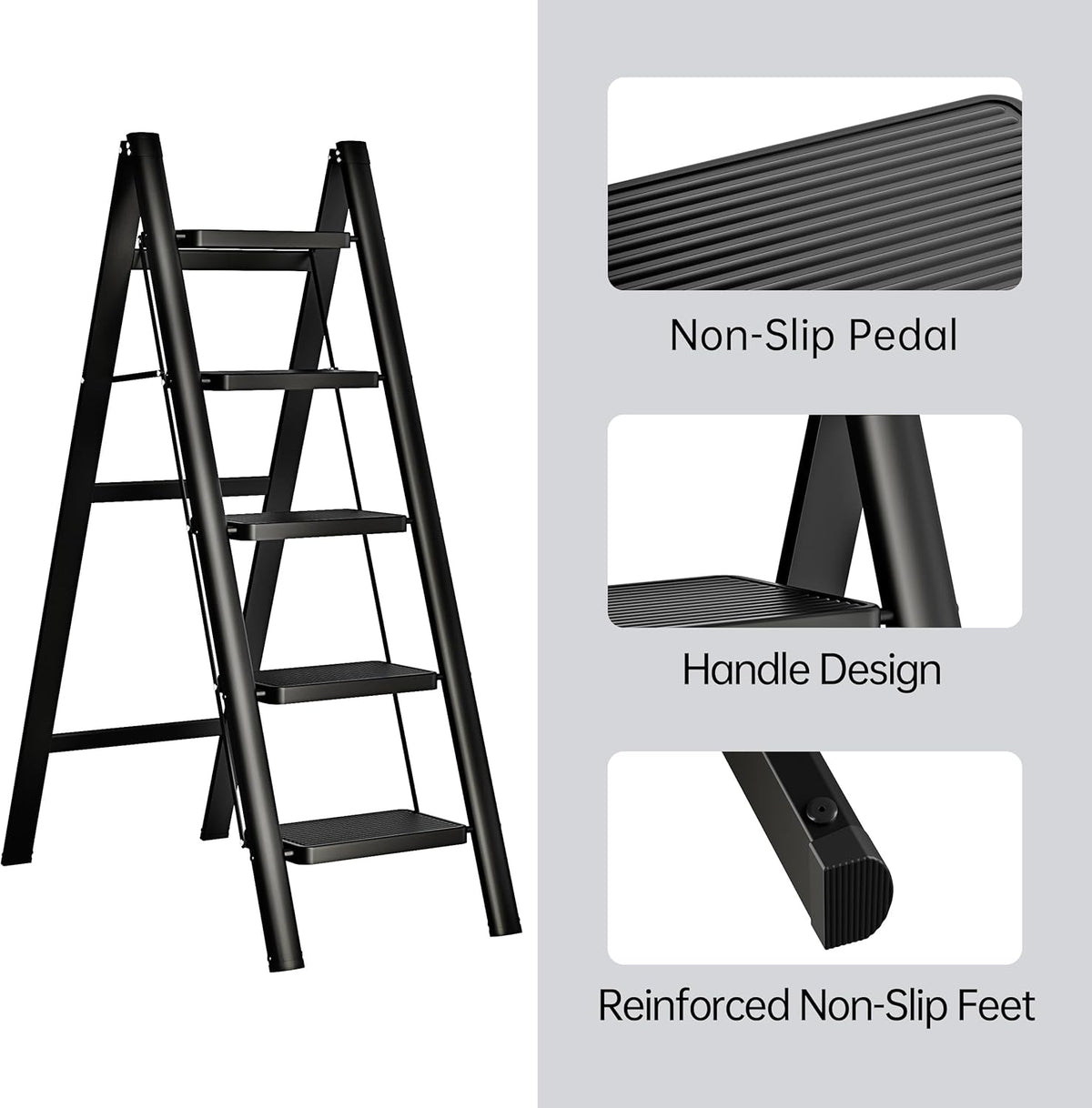 A sleek, black 5-step folding ladder is displayed, featuring non-slip pedals and a sturdy handle design for added safety. The ladders reinforced non-slip feet ensure stability during use, making it ideal for home and professional tasks.
