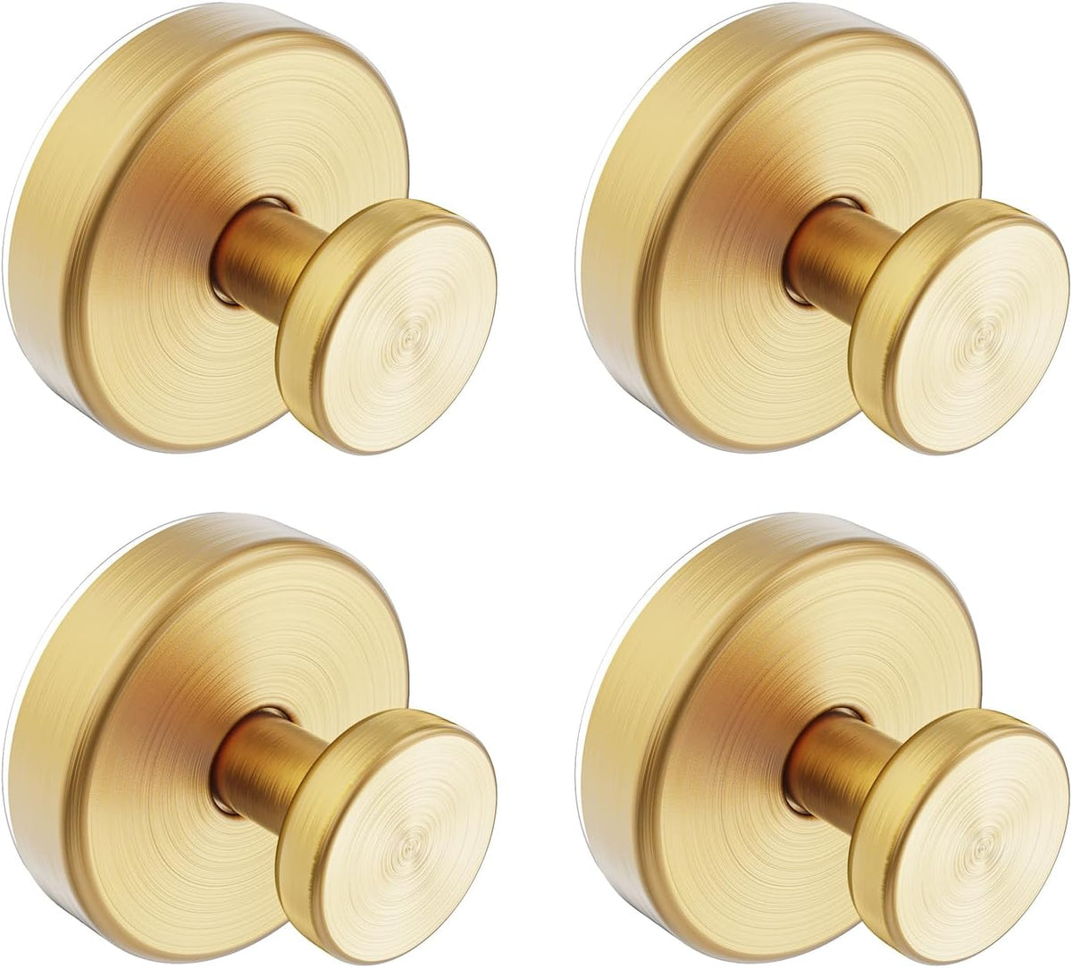 Four stylish gold towel hooks are arranged in a grid pattern, featuring a sleek circular base and a rounded knob. The elegant design adds a touch of sophistication.