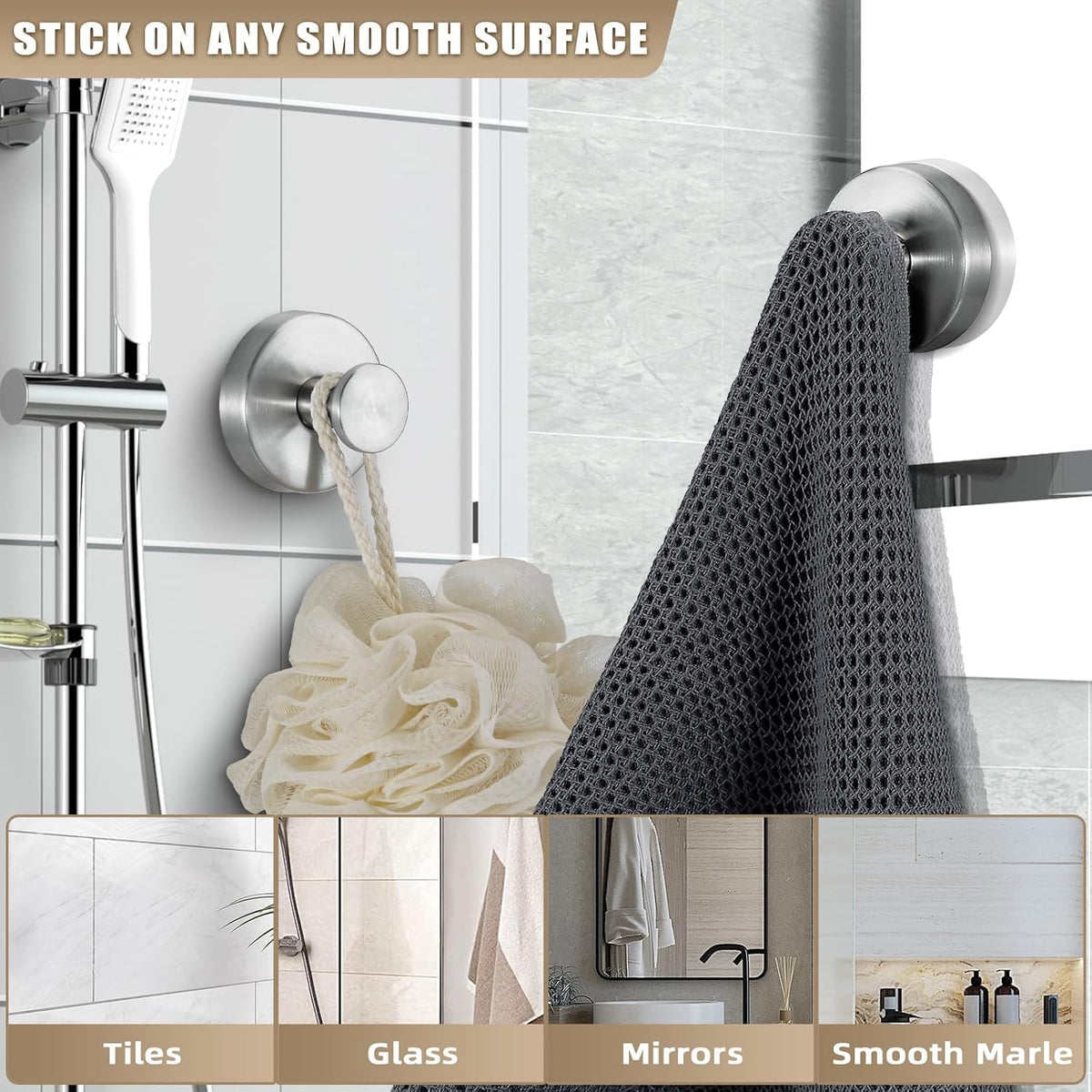A sleek modern towel hanger is mounted on a bathroom wall, holding a grey towel. The hanger features a round, stainless steel base, demonstrating its easy installation on smooth surfaces like tiles, glass, and mirrors.