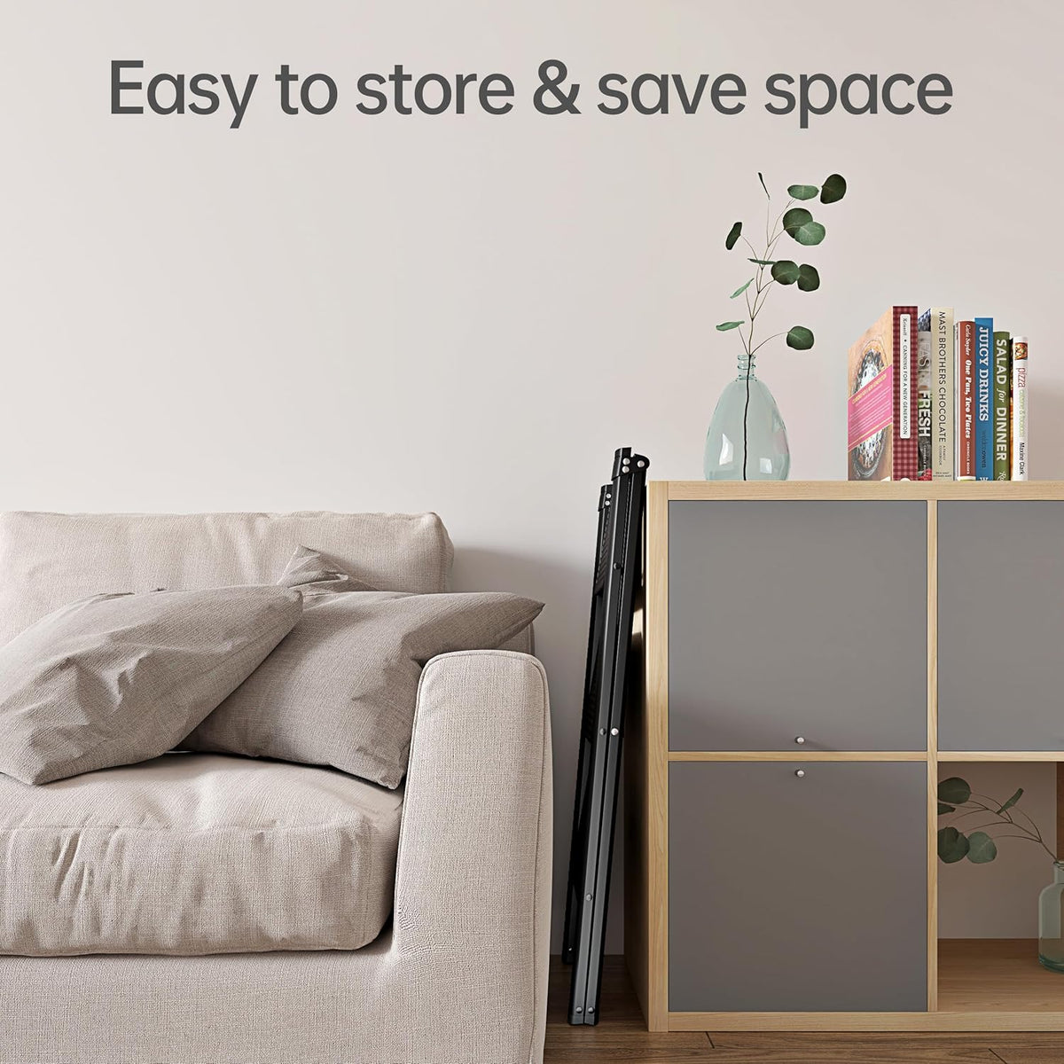 A cozy living room scene features a light-colored sofa adorned with several cushions, paired with a wooden shelving unit displaying books and a decorative vase with greenery.