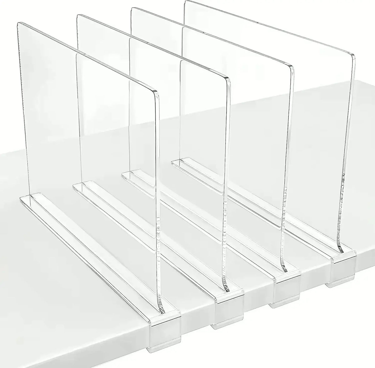 Clear acrylic shelf dividers are displayed on a white surface, showcasing a set of four dividers designed to organize and separate items. Each divider stands upright, providing a sleek and modern look for efficient storage solutions.
