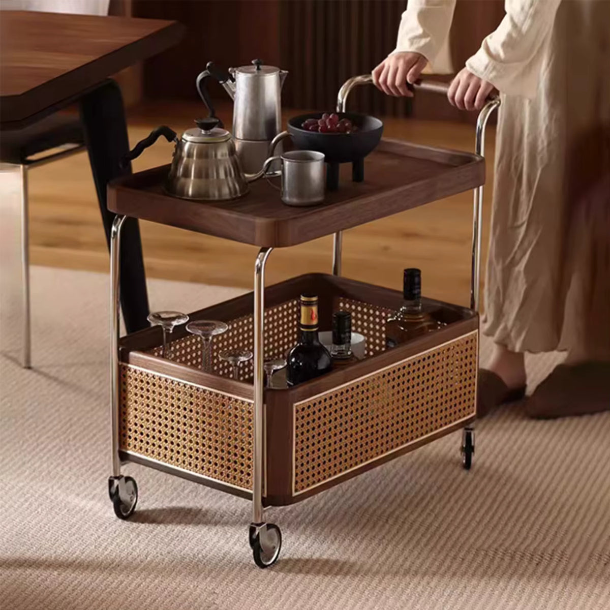 Walnut Rattan Trolley -  Wasilaah