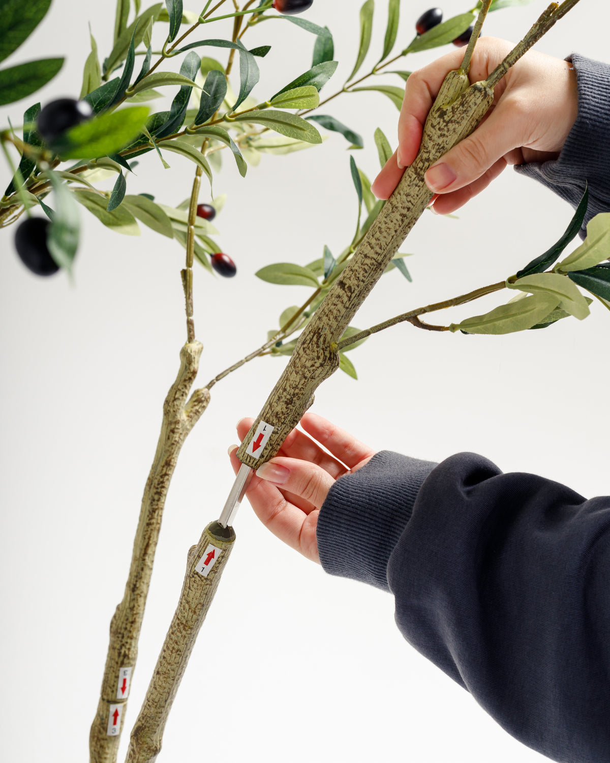 A person wearing a dark sweater is adjusting the branches of a lifelike artificial olive tree, showcasing its realistic texture and detail.