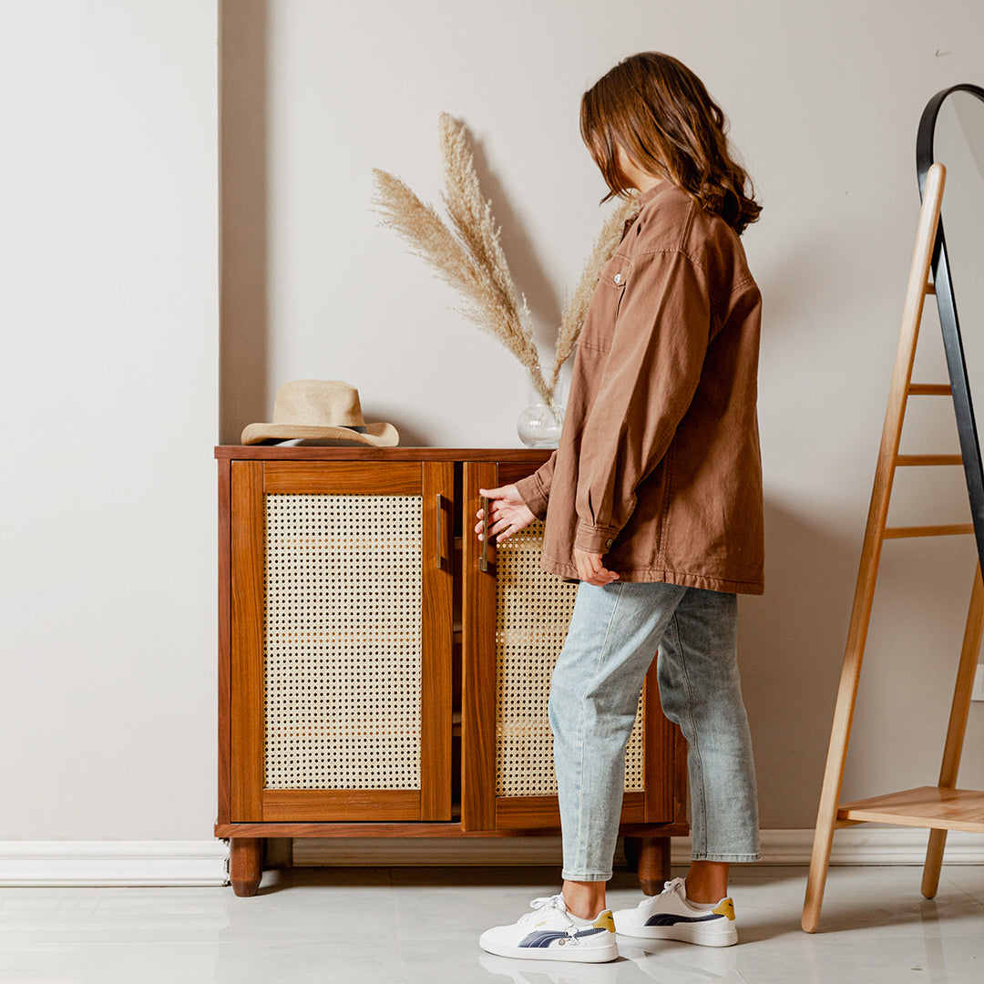 Rattan Walnut Shoe Storage - Wasilaah